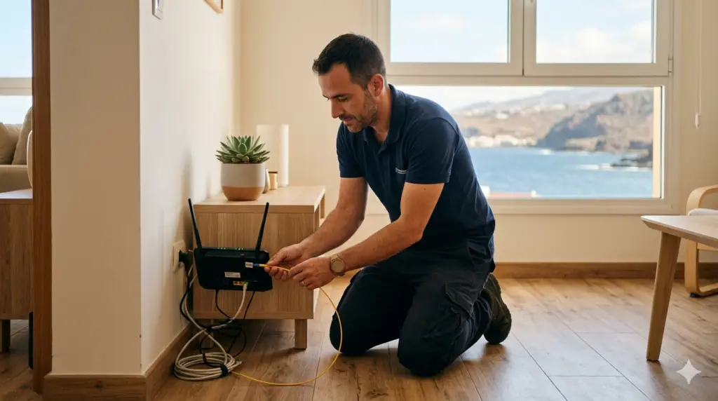 Técnico de NOVATIO instalando router de fibra óptica en una vivienda con vistas al mar en Candelaria — portabilidad sin cortes