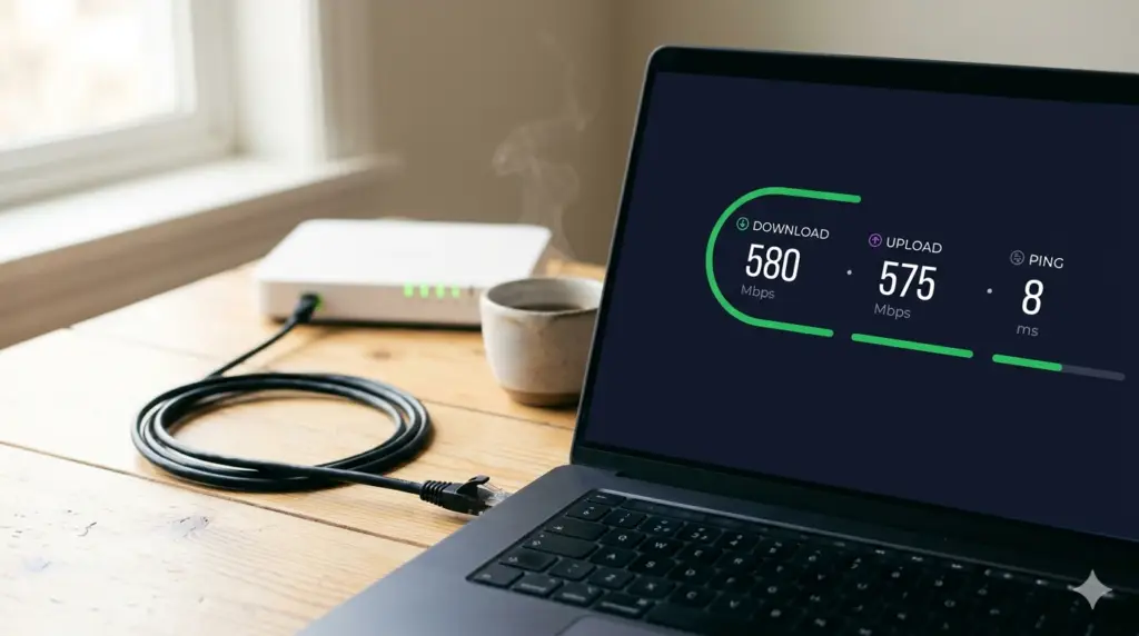 Speedtest mostrando fibra simétrica de 580 Mbps junto a router y cable ethernet — primera verificación del internet lento