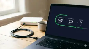 Speedtest mostrando fibra simétrica de 580 Mbps junto a router y cable ethernet — primera verificación del internet lento
