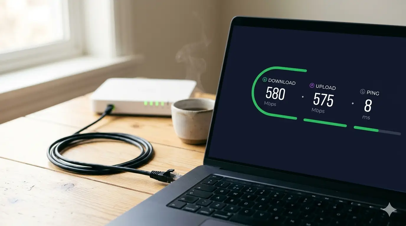 Speedtest mostrando fibra simétrica de 580 Mbps junto a router y cable ethernet — primera verificación del internet lento
