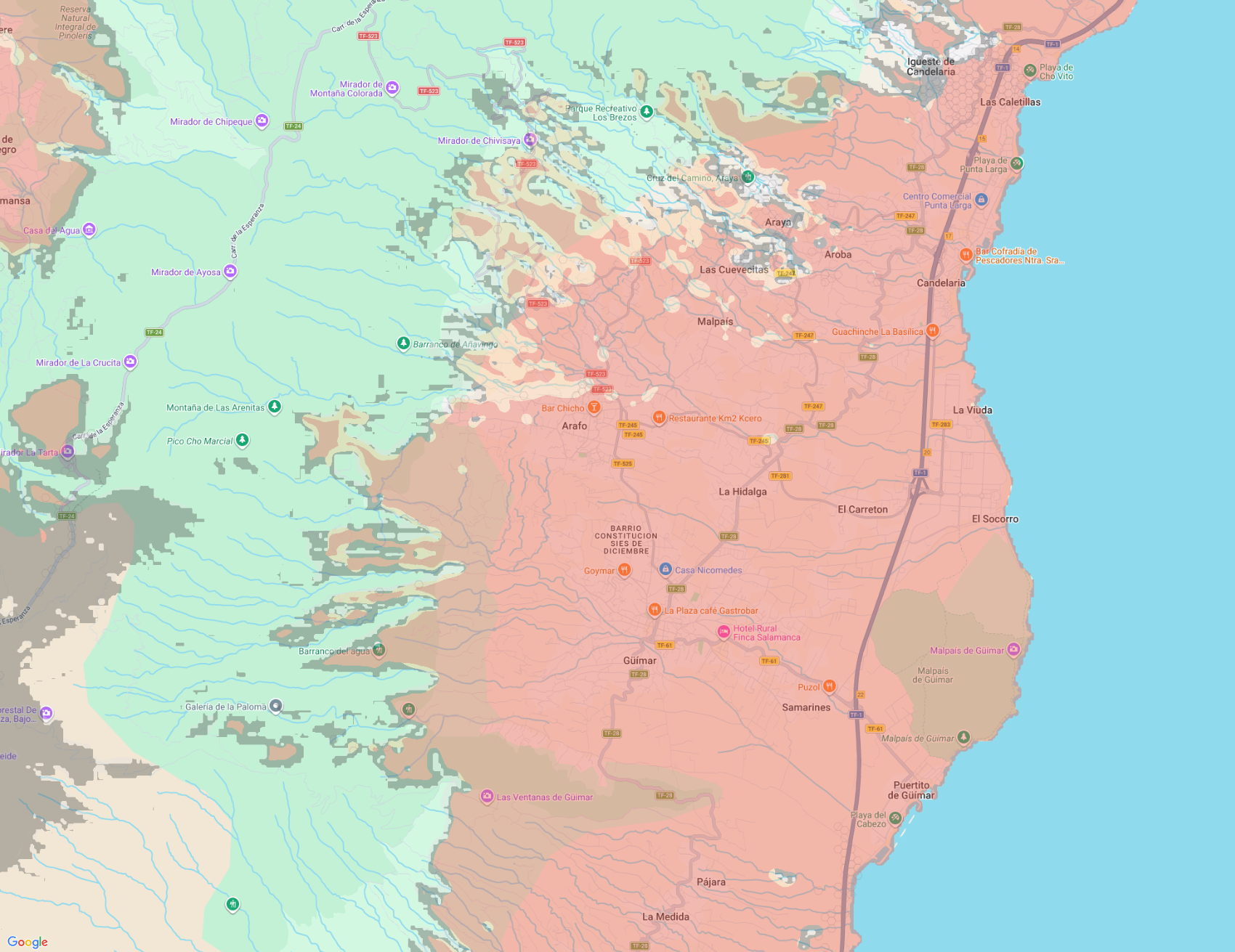 Mapa cobertura del mejor internet rural en Tenerife: zona roja marca el valle de Güimar (Güimar, Arafo, Candelaria) cubierta por radioenlace 5GHz de NOVATIO